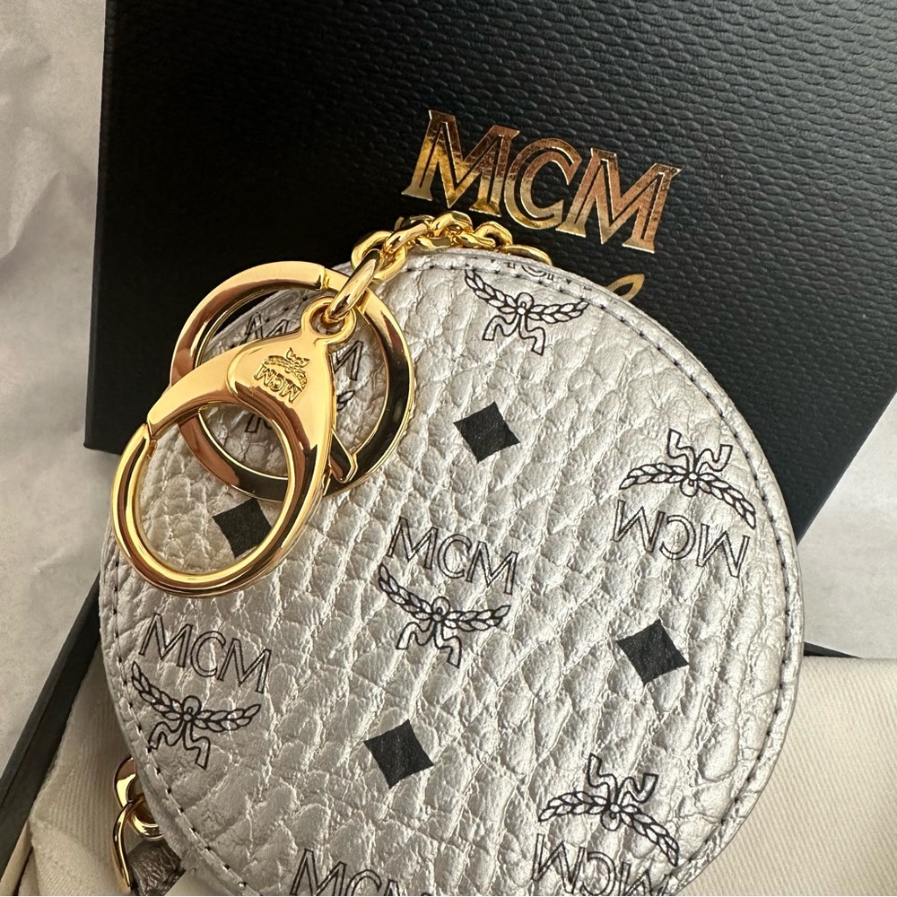 MCM Silver Black Visetos Canvas Round Coin Purse Wallet and Key Chain
